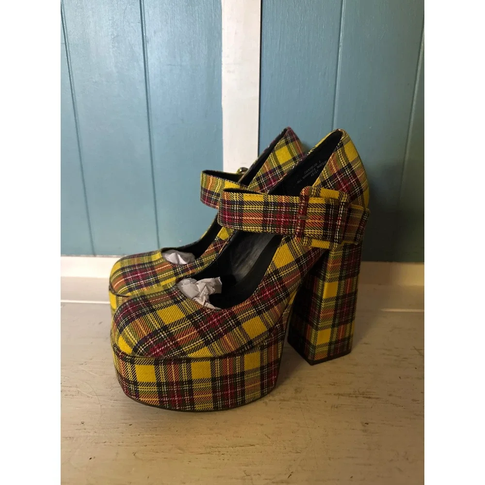 Bamboo Charlie-02 Yellow Plaid Platform Mary Jane Chunky Block Heel Pumps Size 7
